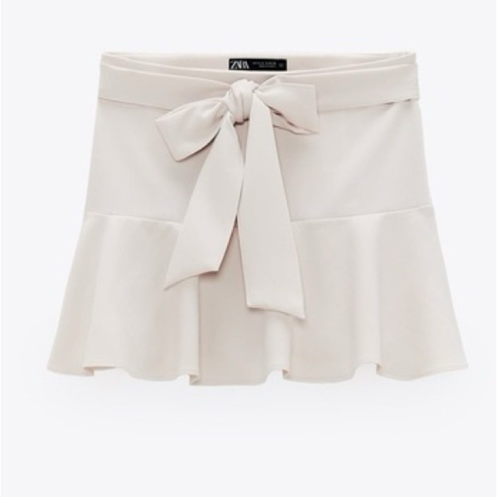 Zara bow skort tie front mini skirt shorts high rise ruffle greige neutral